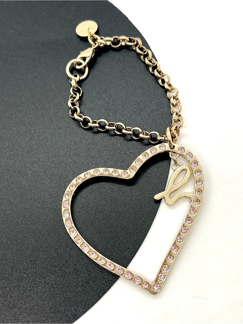 agnès b. Gold Heart Pink Crystal Bag Charm Keychain Signature b Logo
